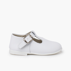 Leather Buckle Up T-Bar Shoes White