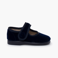Girls Velvet Mary Janes with loop fasteners Button  Navy Blue