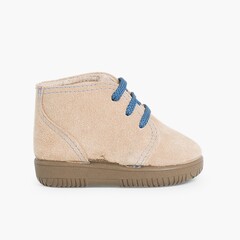 Kids Suede Boots with Coloured Laces and Stitchings Sand