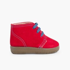 Kids Suede Boots with Coloured Laces and Stitchings Red