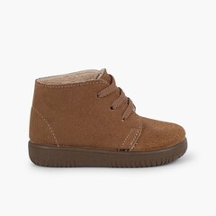 Kids Suede Boots with Coloured Laces and Stitchings Taupe