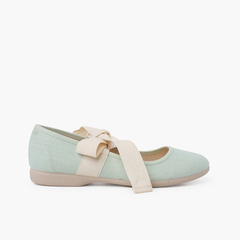 Linen Mary Janes With Beige Bow Mint