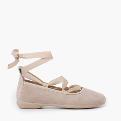 Suede Effect Ballet Pumps With Bows Beige