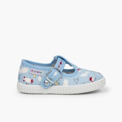 Canvas T-bar Patterned Shoes with Button Closure Sky Blue