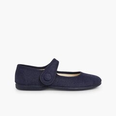 Girls' Linen Mary Janes with loop fasteners and Button Navy Blue