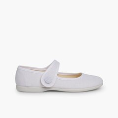 Girls' Linen Mary Janes with loop fasteners and Button White