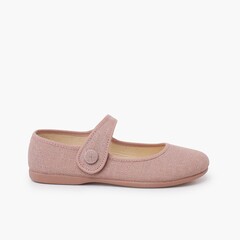Girls' Linen Mary Janes with loop fasteners and Button Pale Pink