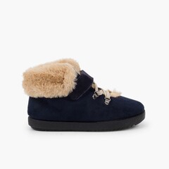 Girls fur boots with loop fasteners and chevron sole Navy Blue