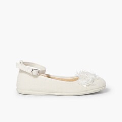 Linen ballet pumps with ankle strap and flower decoration Beige