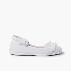 Linen ballet pumps with ankle strap and flower decoration White