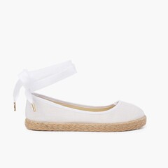 Girls´ linen ballet pumps with lace ribbon and jute sole  White