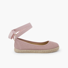 Girls´ linen ballet pumps with lace ribbon and jute sole  Pale Pink