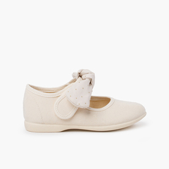 Canvas Girls Mary Janes with Polka Dot Bow Beige