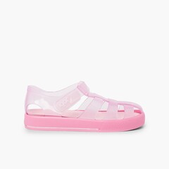Jelly shoes with loop fasteners colored sole Pink