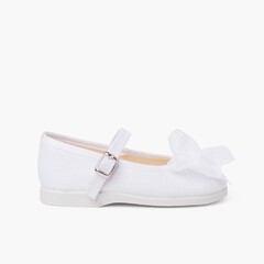 Organza Bow Buckle Linen Mary Janes White