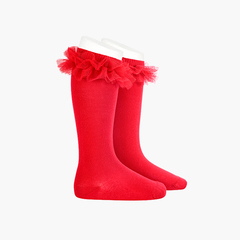  Plain high socks with tulle strip Red