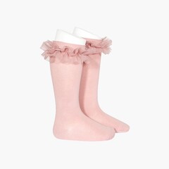  Plain high socks with tulle strip Pale Pink