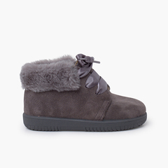 Girl's Suede Booties with Fur Collar Satin Laces Grey