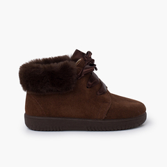 Girl's Suede Booties with Fur Collar Satin Laces Brown