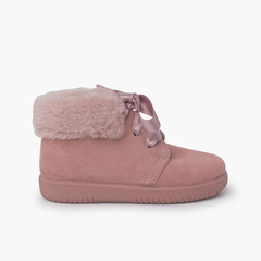 Girl's Suede Booties with Fur Collar Satin Laces Pink