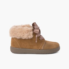 Girl's Suede Booties with Fur Collar Satin Laces Taupe