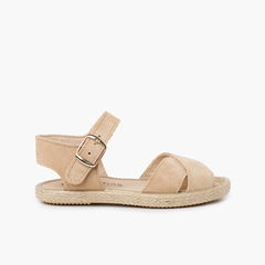 Suede Sandal with Crossed Straps and Jute Sole Beige