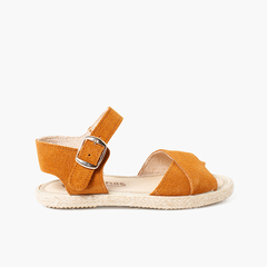 Suede Sandal with Crossed Straps and Jute Sole Camel