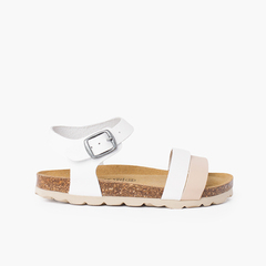 Two-color strappy sandal with ergonomic bio sole White and Beige