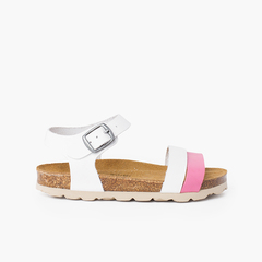 Two-color strappy sandal with ergonomic bio sole White and Fuchsia