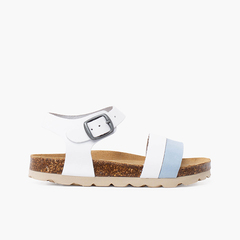 Two-color strappy sandal with ergonomic bio sole White and Light Blue