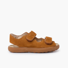 Split leather sandal with adherent front strips Camel