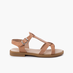 Girl leather sandals with buckle closure straps Beige