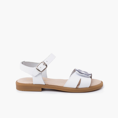 Wide strap adherent flower sandal with buckle closure White  bluish gray flower