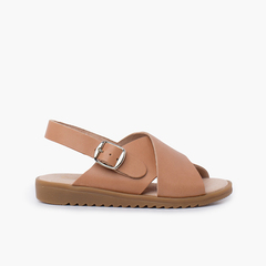 Crossed leather sandal with wide straps Beige