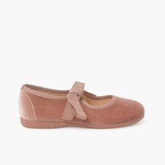 Girls velvet mary jane with faille bow Blush pink