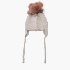 Wool hat with ear flaps and fur pompom Beige