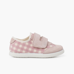 Vichy and split suede trainers with double riptape strap Pastel Pink