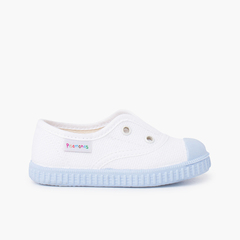 White trainers without laces coloured outsole Blue