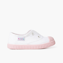 White trainers without laces coloured outsole Pink