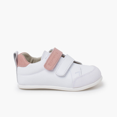 Leather trainers with coloured double riptape fastening Pink