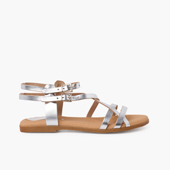 Women's metallic leather sandals with bracelet Silver