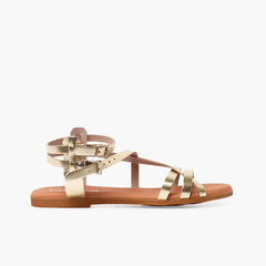 Women's metallic leather sandals with bracelet Gold