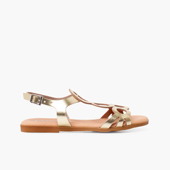 Leather sandals with circles and buckle closure Gold