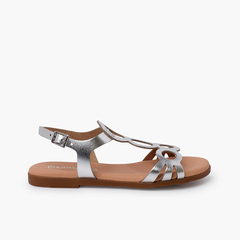 Leather sandals with circles and buckle closure Silver