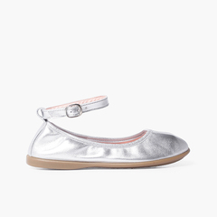 Elastic leather ballet pumps with ankle strap Silver