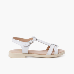 Soft leather sandals braided central strap White
