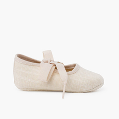Linen baby Mary Janes with faille bow Beige