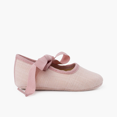 Linen baby Mary Janes with faille bow Old Rose
