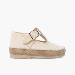 Linen and jute baby T-bar shoes with buckle fastening Off-White