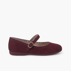 Suede Mary Janes with fine buckle and punctured design Burgundy